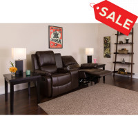 Flash Furniture BT-70295-2-BRN-GG Brown Leather Pillowtop 2-Seat Home Theater Recliner with Storage Console